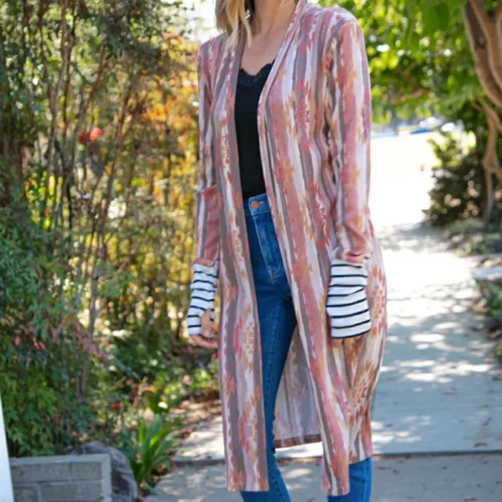 Boho Stripe Open Maxi Cardigan Kimono Side Pockets Aztec Design Cozy Sweater